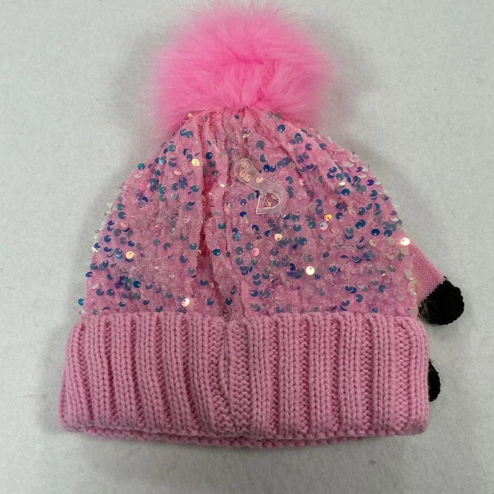 Justice Girls Pink Sequin Beanie and Gloves Winter Set Faux Fur Pom NWT
